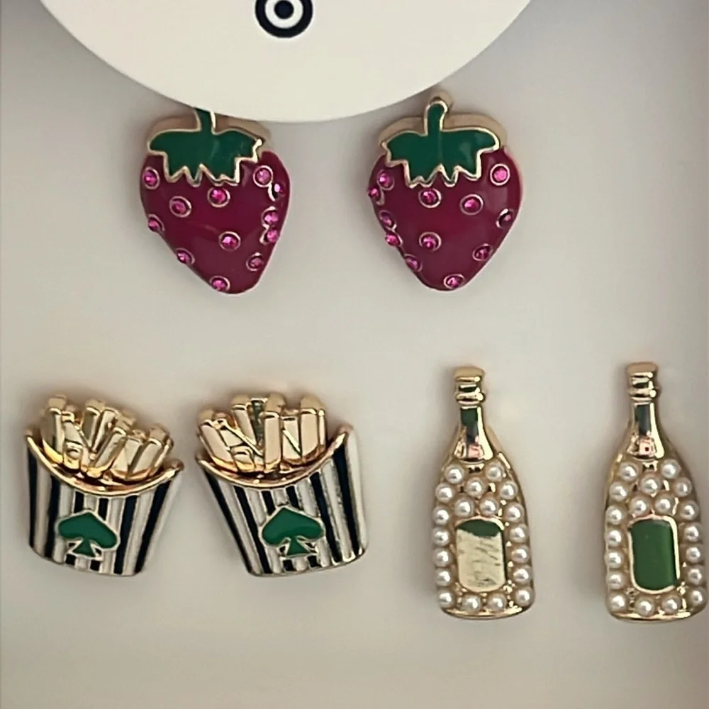 Kate Spade 3 Pair Novelty Earring Set Strawberries Fries Champagne NWT